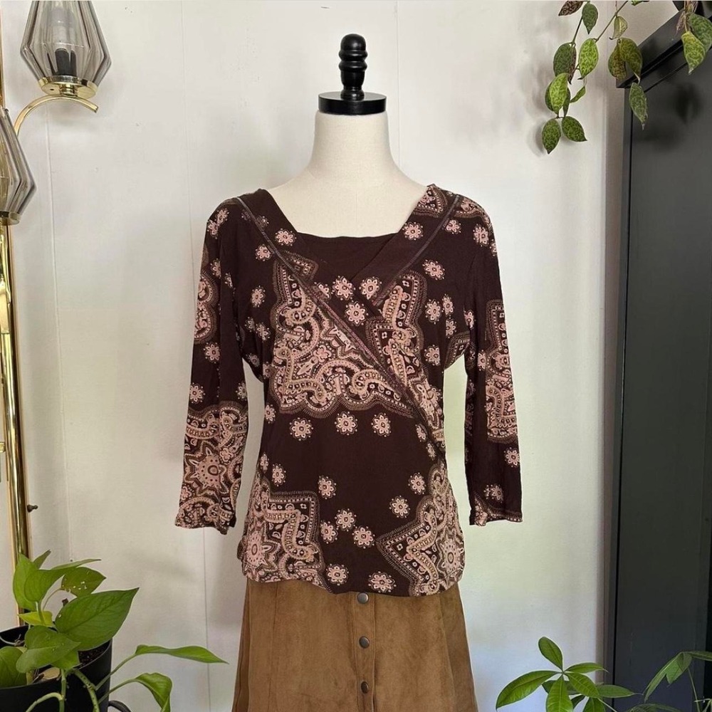 Style & Co Petite Brown Pink Paisley Sequin V-Neck Criss Cross Top Large